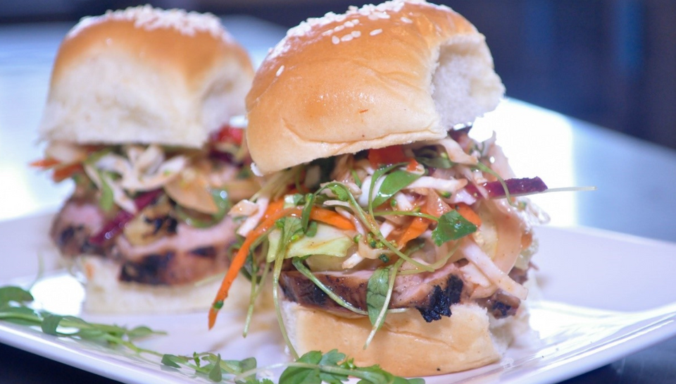 Asian Barbecue Pork Sliders with Sweet Chili Peach Slaw